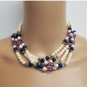 VINTAGE FAUX PEARL & JEWEL COLORED BEAD LAYERED COLLAR LENGTH NECKLACE